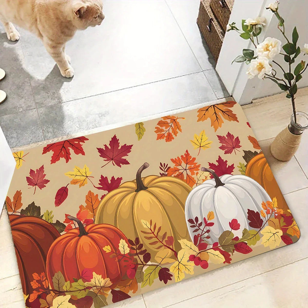 Thanksgiving floor rug with pumpkin and maple leaf print, cream background with orange and red