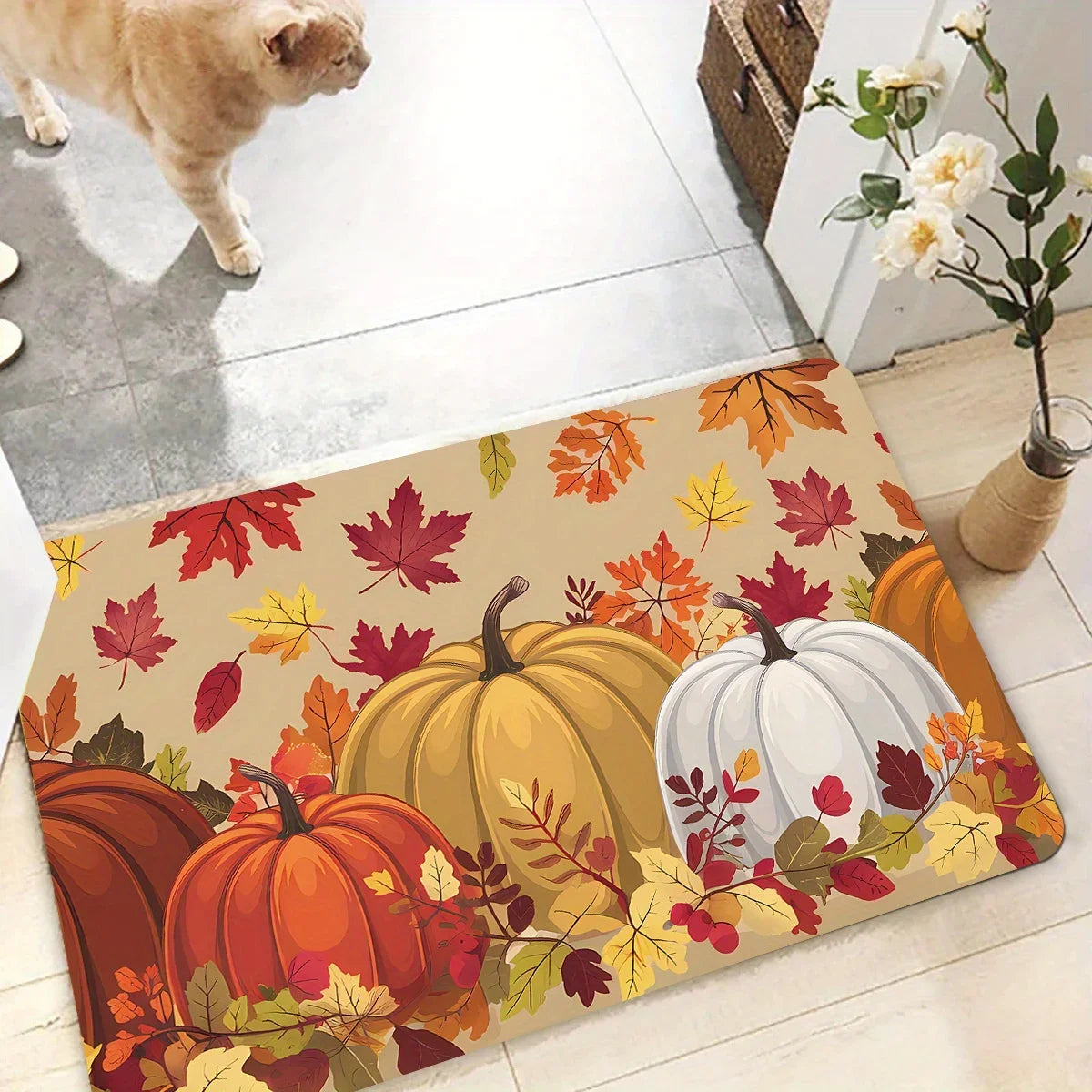Thanksgiving floor rug with pumpkin and maple leaf print, cream background with orange and red