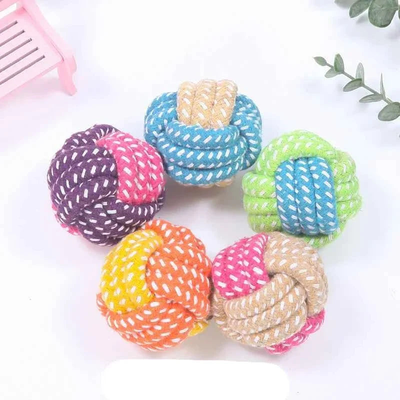 Braided dog rope toy set with knotted ball ends in purple, blue, green, orange, beige