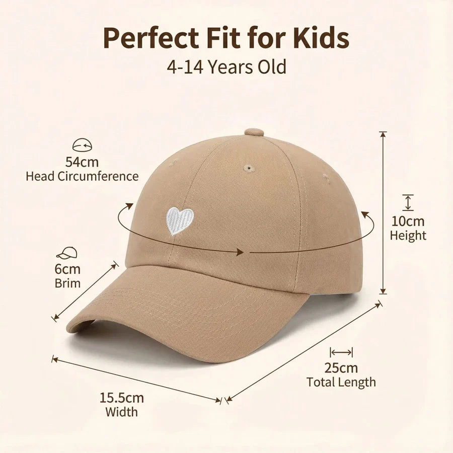 Tan kids baseball cap with heart embroidery, curved brim