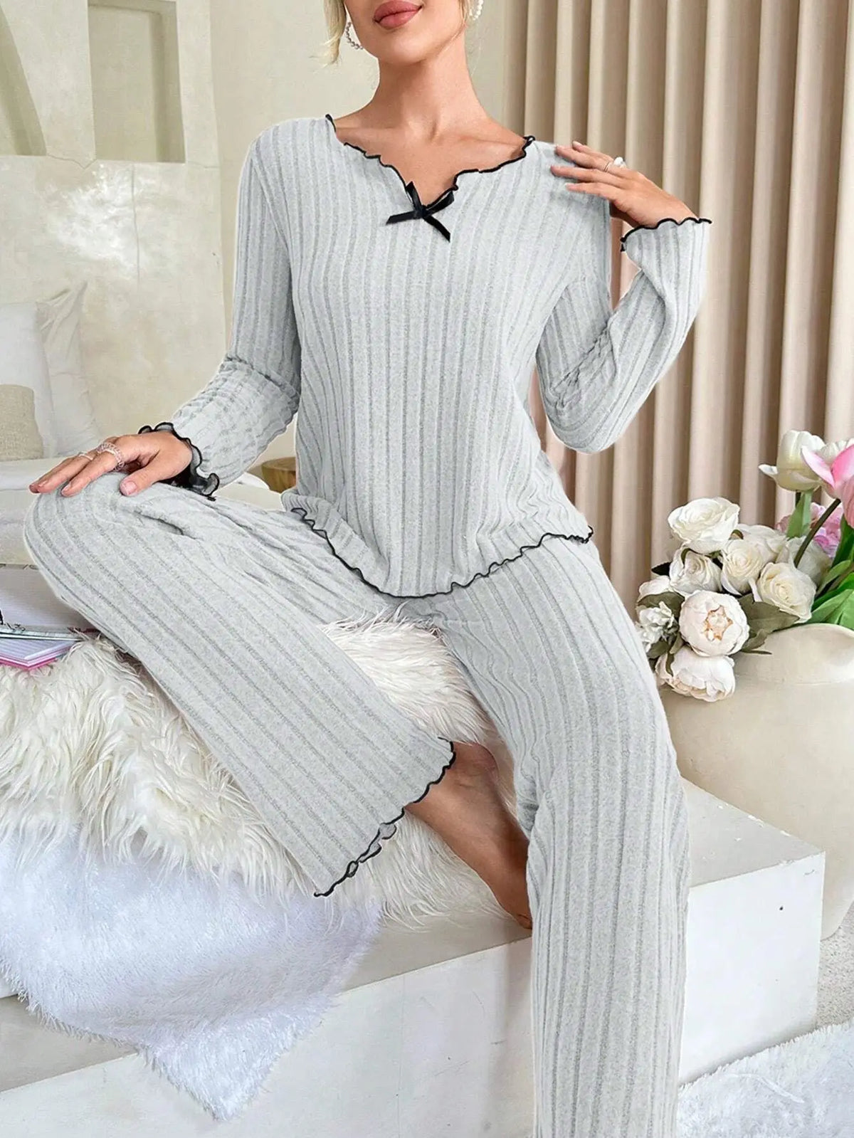 Women’s long-sleeve pajama set in light gray rib knit with scallop-trim crew neck