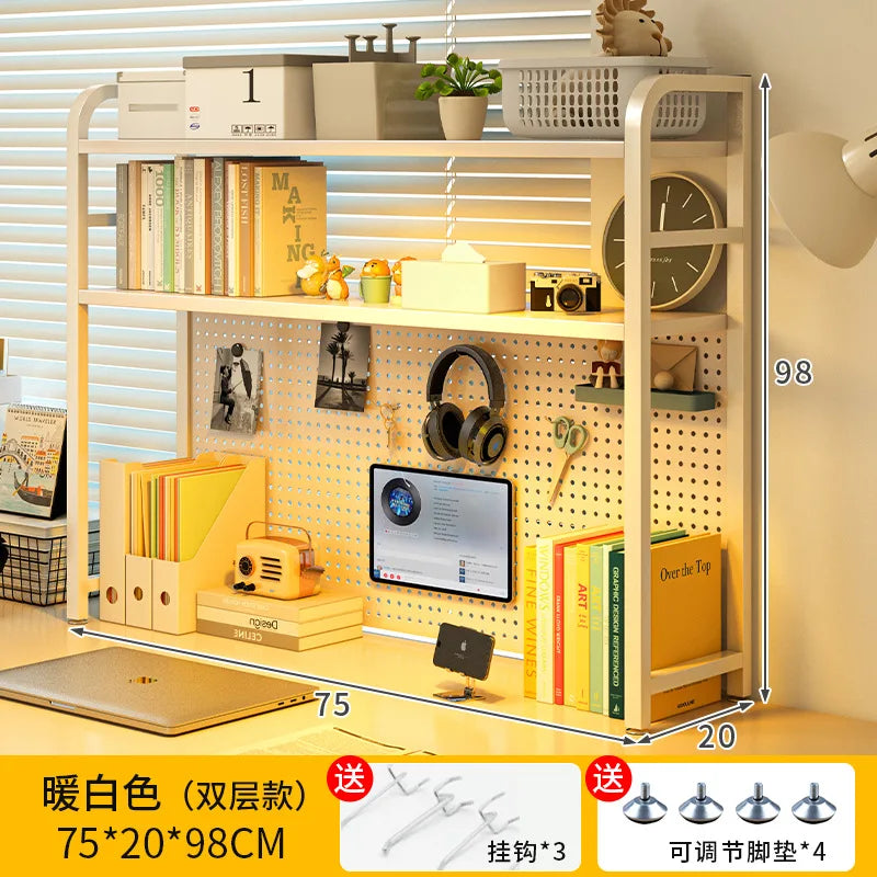 White iron pegboard bookshelf desk organizer with shelves, clock, and side storage