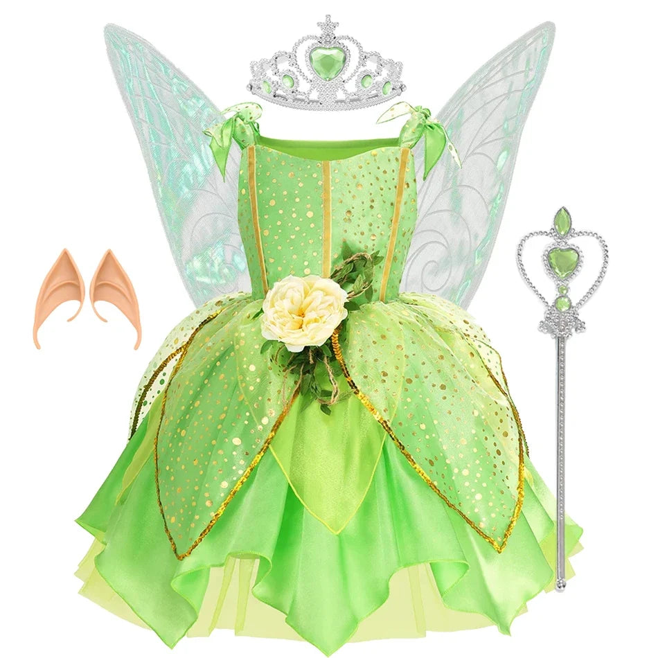 Kids green fairy princess dress with translucent wings, dotted bodice, and flower accent