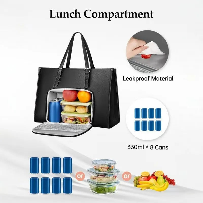 Black tote bag with open insulated lunch compartment and zippered insulated lid