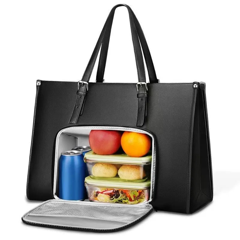 Black insulated tote bag with open cooler insert holding fruit and stacked meal containers