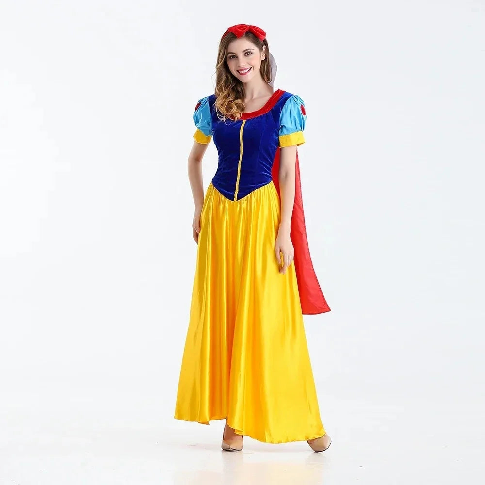 Women’s princess cosplay dress with blue corset top, yellow full skirt, red cape