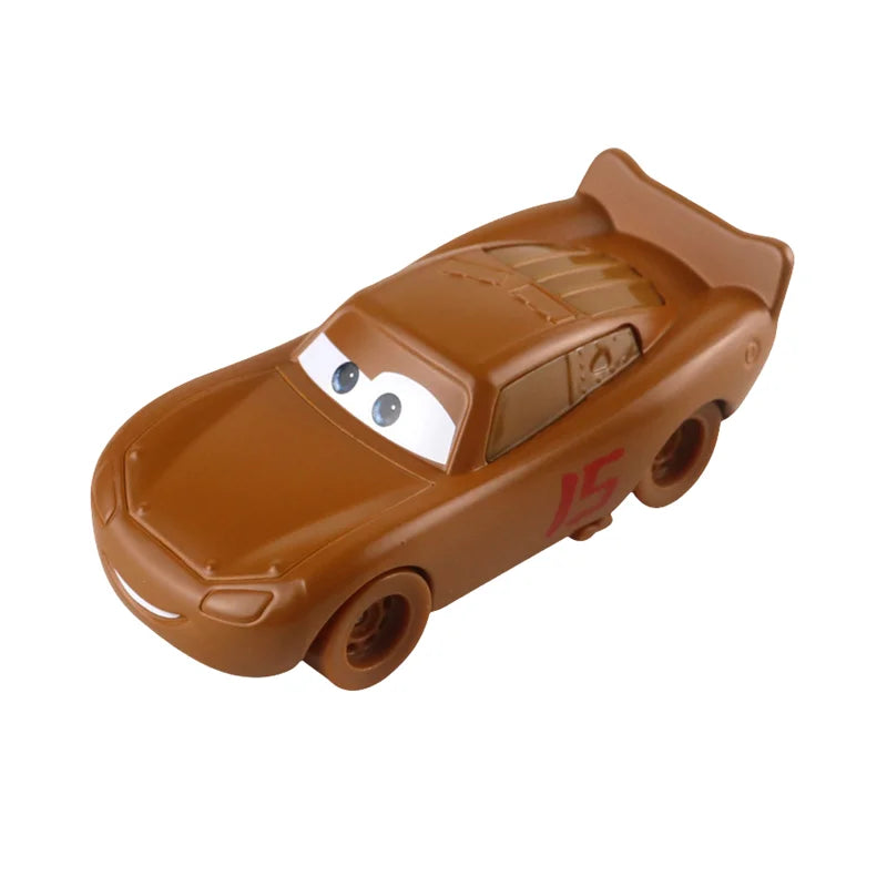 Brown diecast race car model with painted eyes and smooth front grille, side view