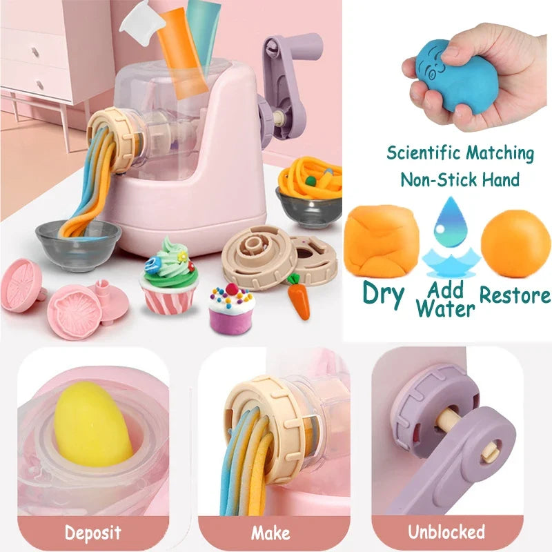 Pink clay noodle machine with orange clay strands, removable stamp dies and bowls