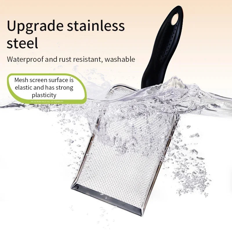 Stainless steel fine mesh sifting scoop with black handle, water-splash wet