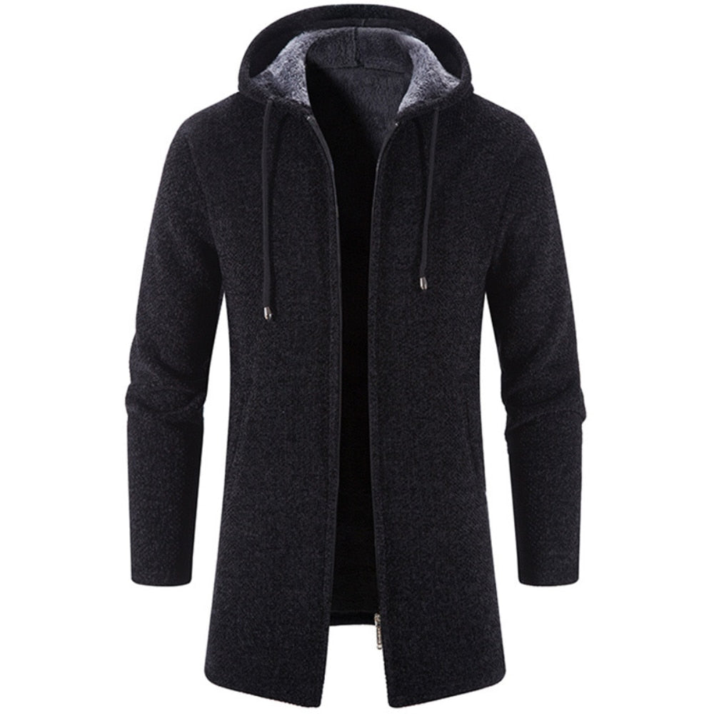 Men's hooded cardigan coat in dark charcoal knit, front zipper, drawstring hood