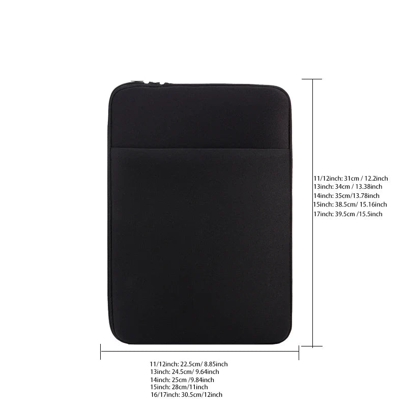 Black padded laptop inner bag sleeve with top zipper and front pocket