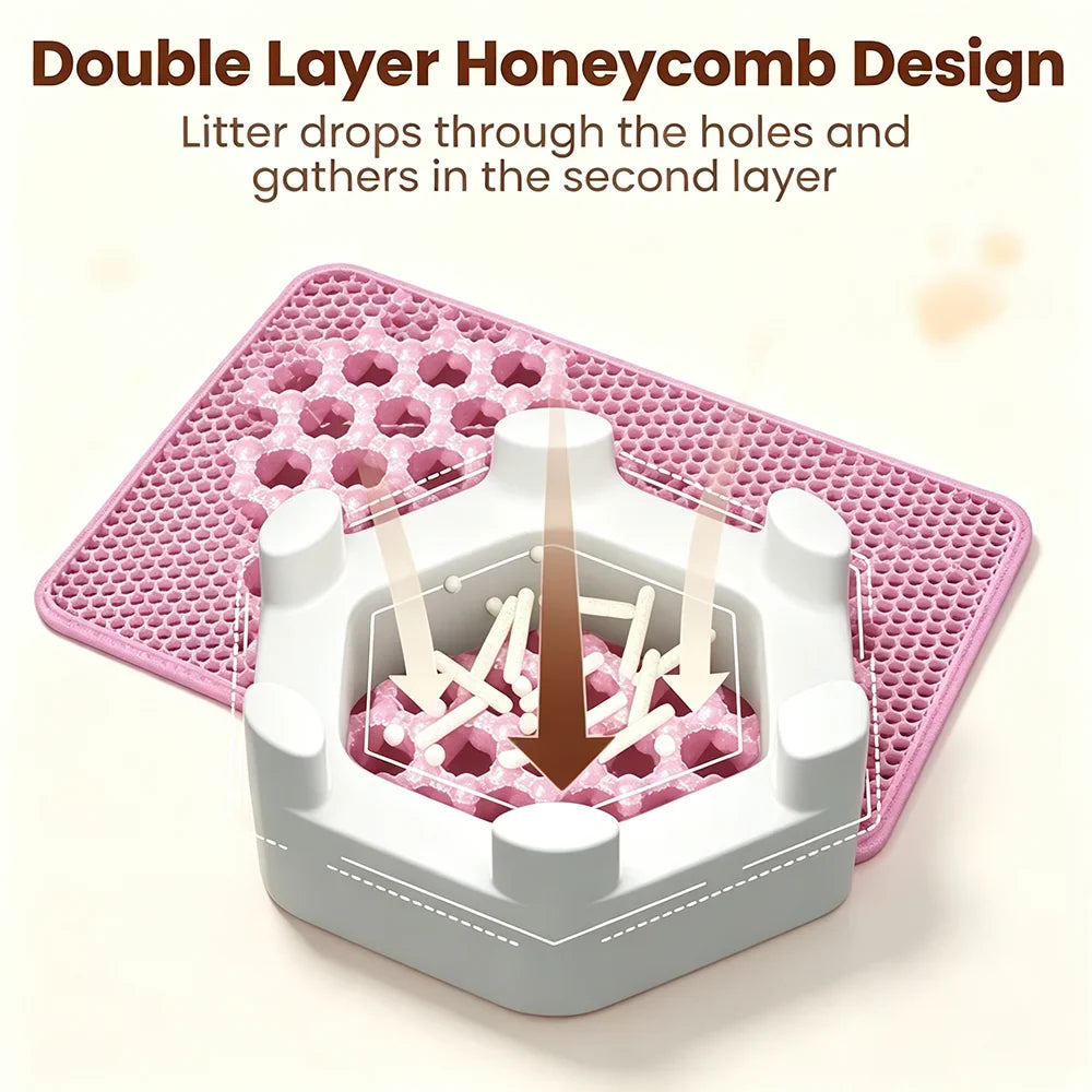Pink double-layer honeycomb litter mat showing second-layer drop-through holes