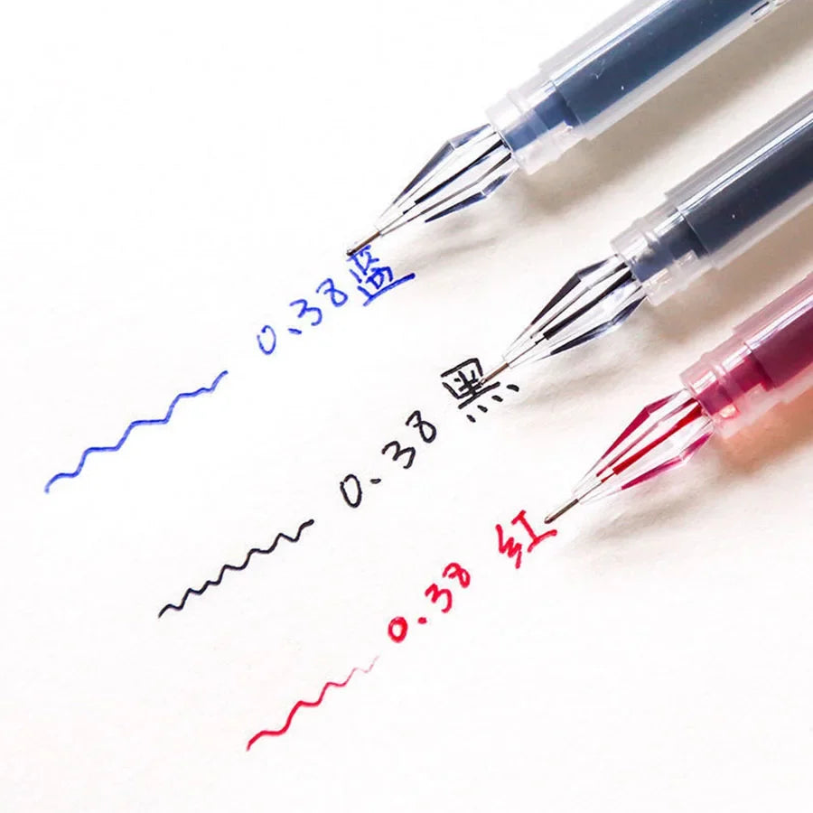 Diamond tip gel pens set showing blue and red fine 0.38mm ink lines