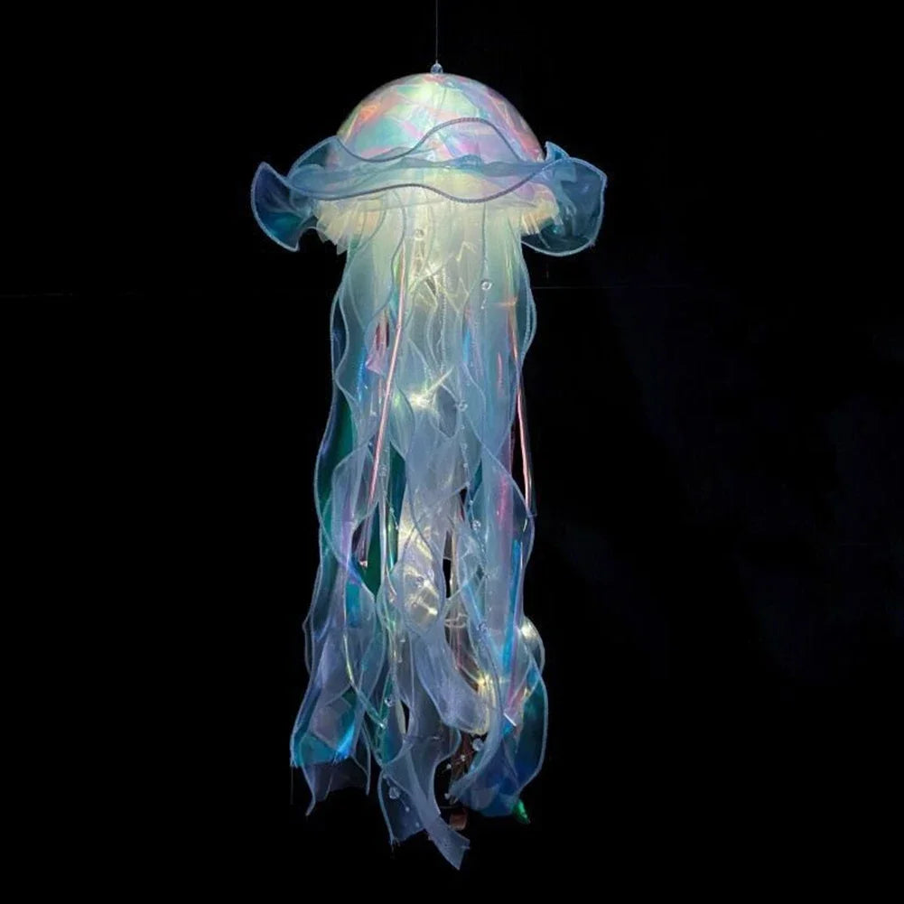 Blue glowing jellyfish lantern hanging lamp with translucent tentacles and dome cap
