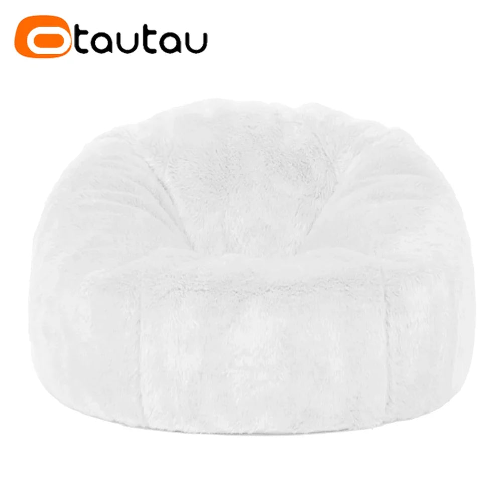 Fluffy faux fur bean bag pouf cover, white round cushion with plush pile