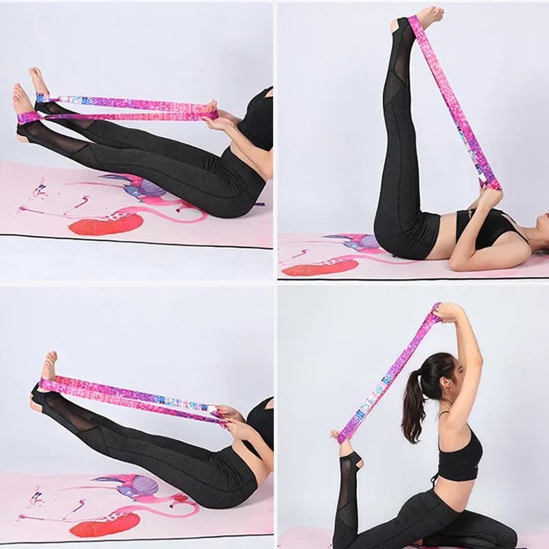 Elastic yoga mat strap with pink-and-blue patterned loops in stretching pose