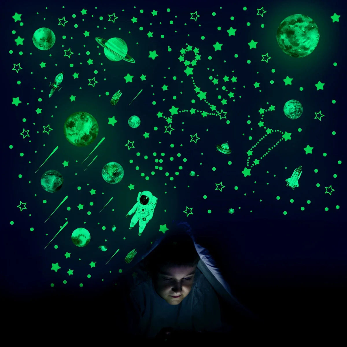 Glow-in-the-dark space wall sticker set with planets, stars, and a rocket