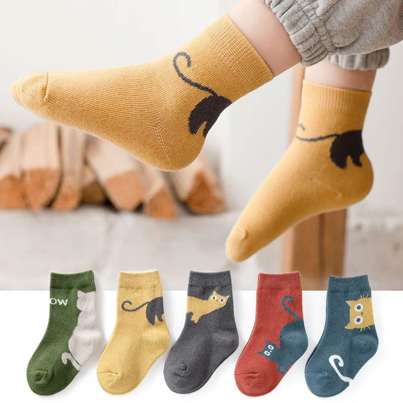 Kids cartoon cat crew socks, mustard yellow pair with black cat print