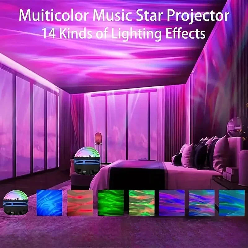 Multicolor music star projector light with dome top, projecting vivid color beams in a room.