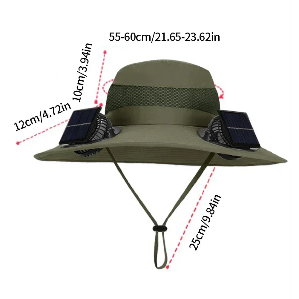 Olive solar fan fisherman hat diagram with side solar panels and chin strap