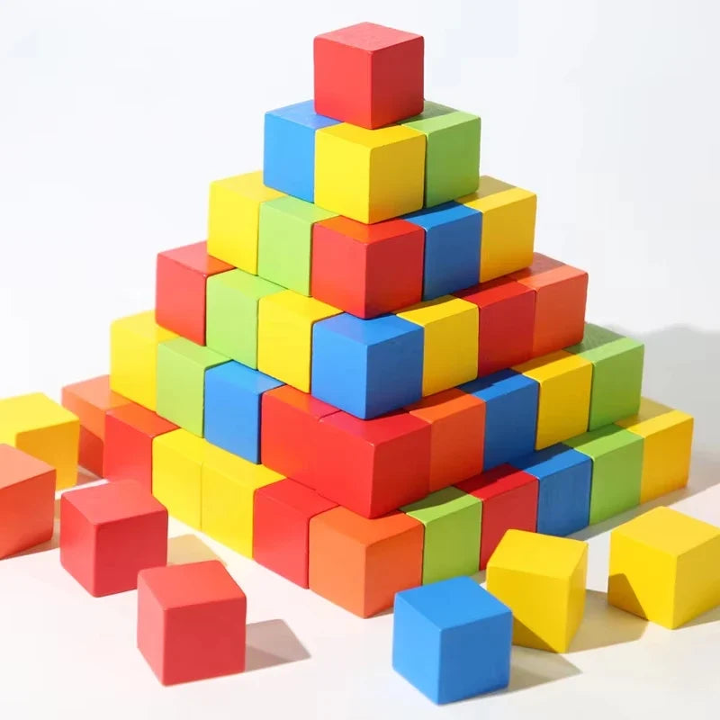 Colorful wooden stacking cube blocks in a tall spiral stack