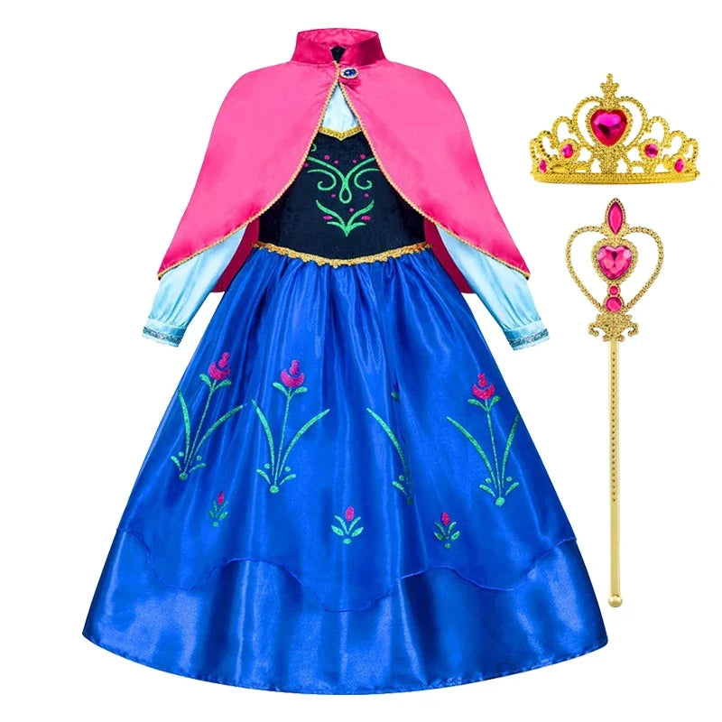 Girls ice princess dress with pink cape, blue skirt, jeweled tiara and wand