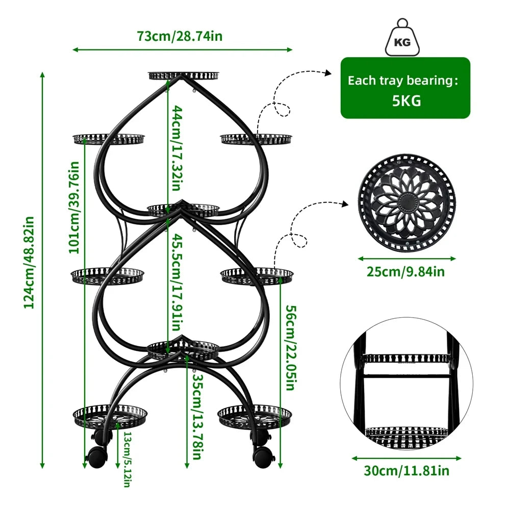 Black iron 9-pot rolling plant stand dimension diagram with wheel base and tray capacity