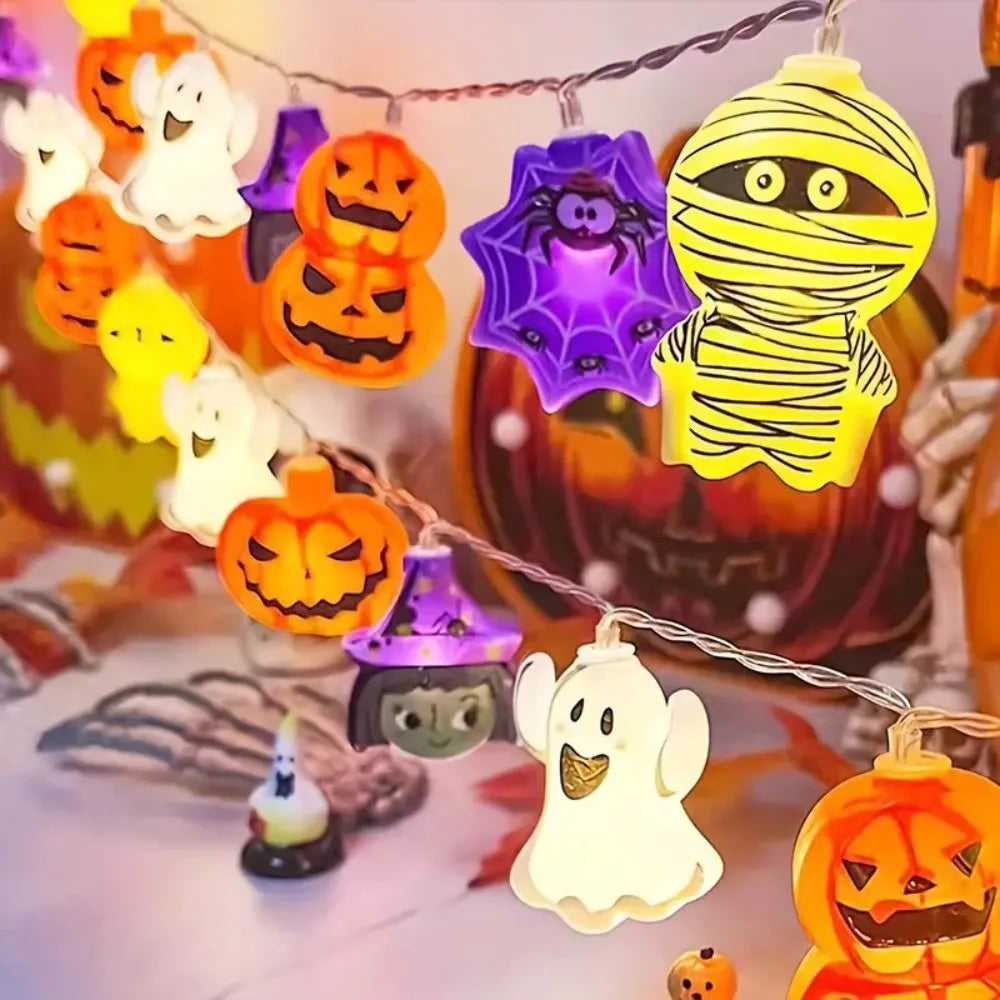 Halloween LED light string with glowing ghost, pumpkin, bat, and ninja face character bulbs