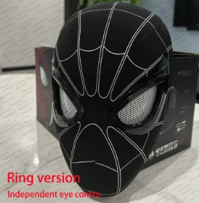 Black electronic face mask with white web lines and mesh eye panels