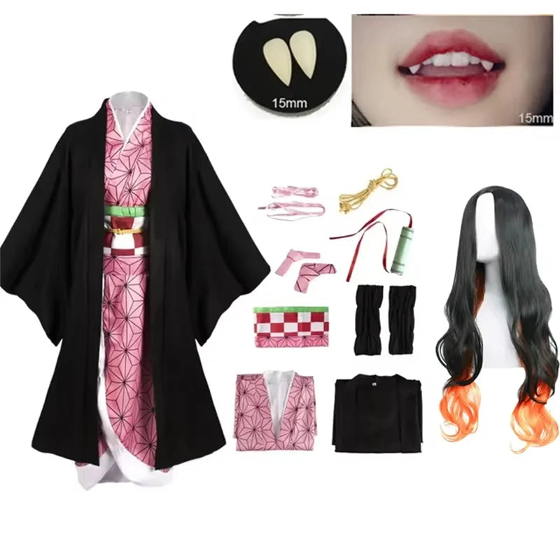 Pink kimono cosplay dress with black haori and obi belt; includes accessories and wig