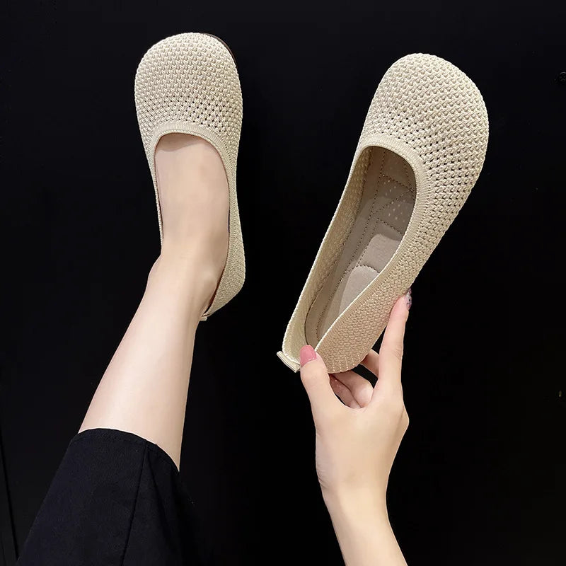 Cream knitted slip-on ballet flats with openwork texture and flat sole