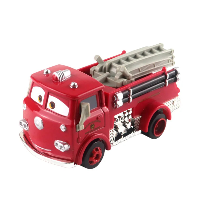 Red diecast firetruck race car model with gray exhaust and black wheels