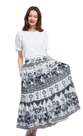 Women's midi skirt with grey and navy ikat-style print and tiered hem