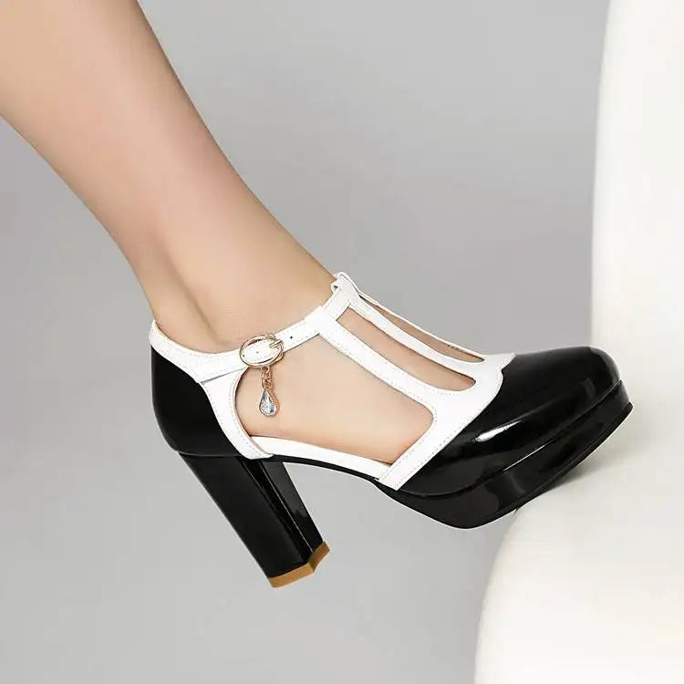 Women’s color-block heeled shoes, round toe, ankle buckle, glossy black with white straps, square heel