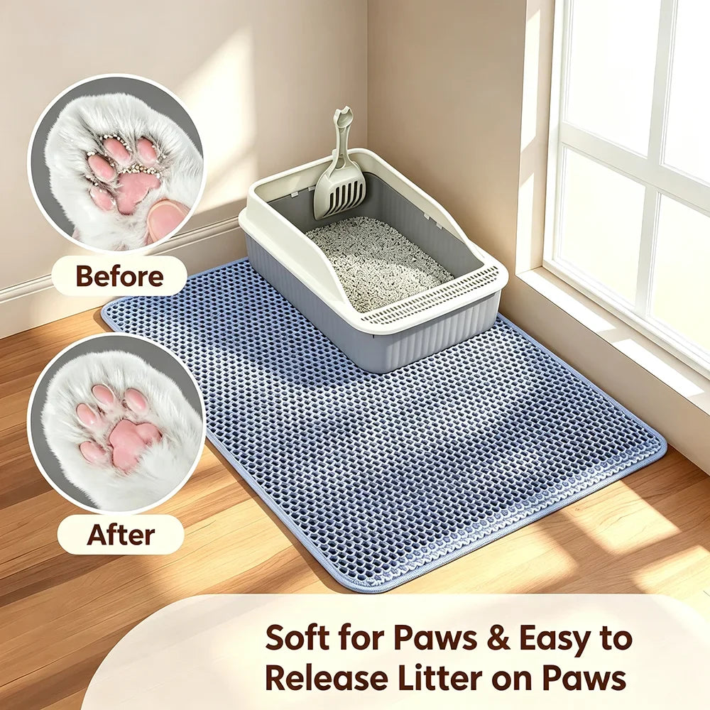 Blue double-layer honeycomb cat litter mat with soft paw-friendly texture