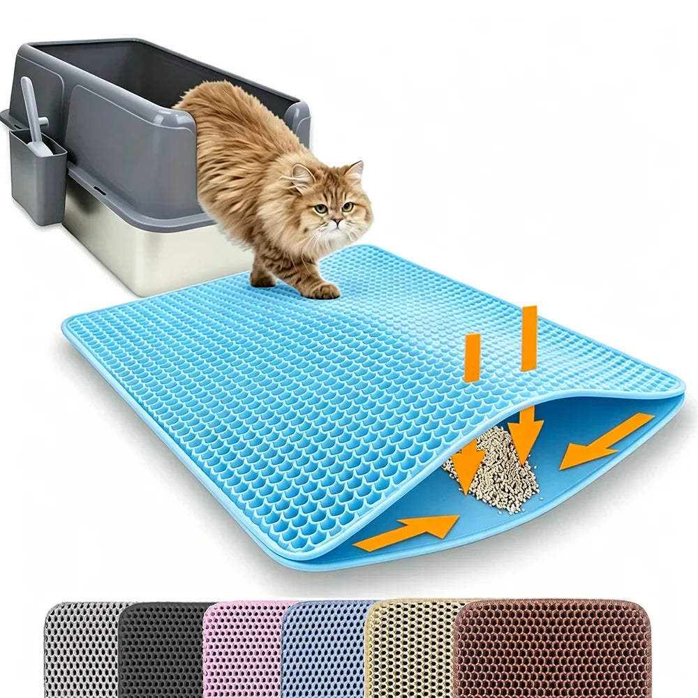 Blue double-layer honeycomb cat litter mat with waterproof backing