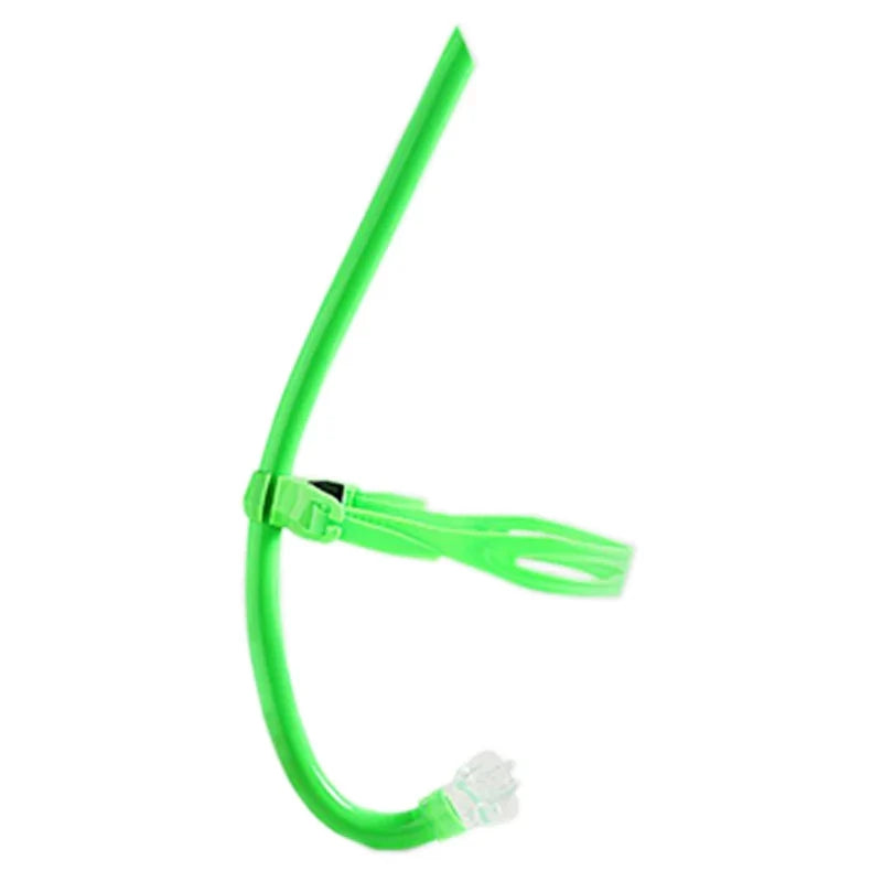 Swim training snorkel with center-mount silicone mouthpiece, green curved tube