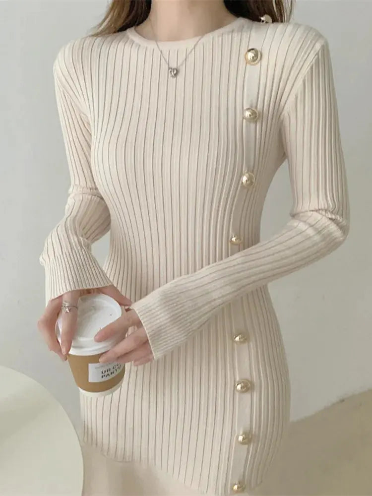 Apricot ribbed knit sweater dress, long sleeves, gold button front, fitted bodice.