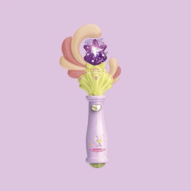 Magic-style wand with glowing purple star in a pink heart snowflake top, light purple handle