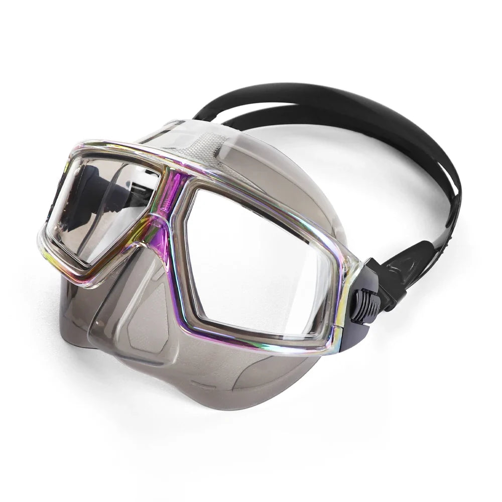 Gray silicone scuba diving mask goggles with iridescent tempered glass lenses and anti-fog design