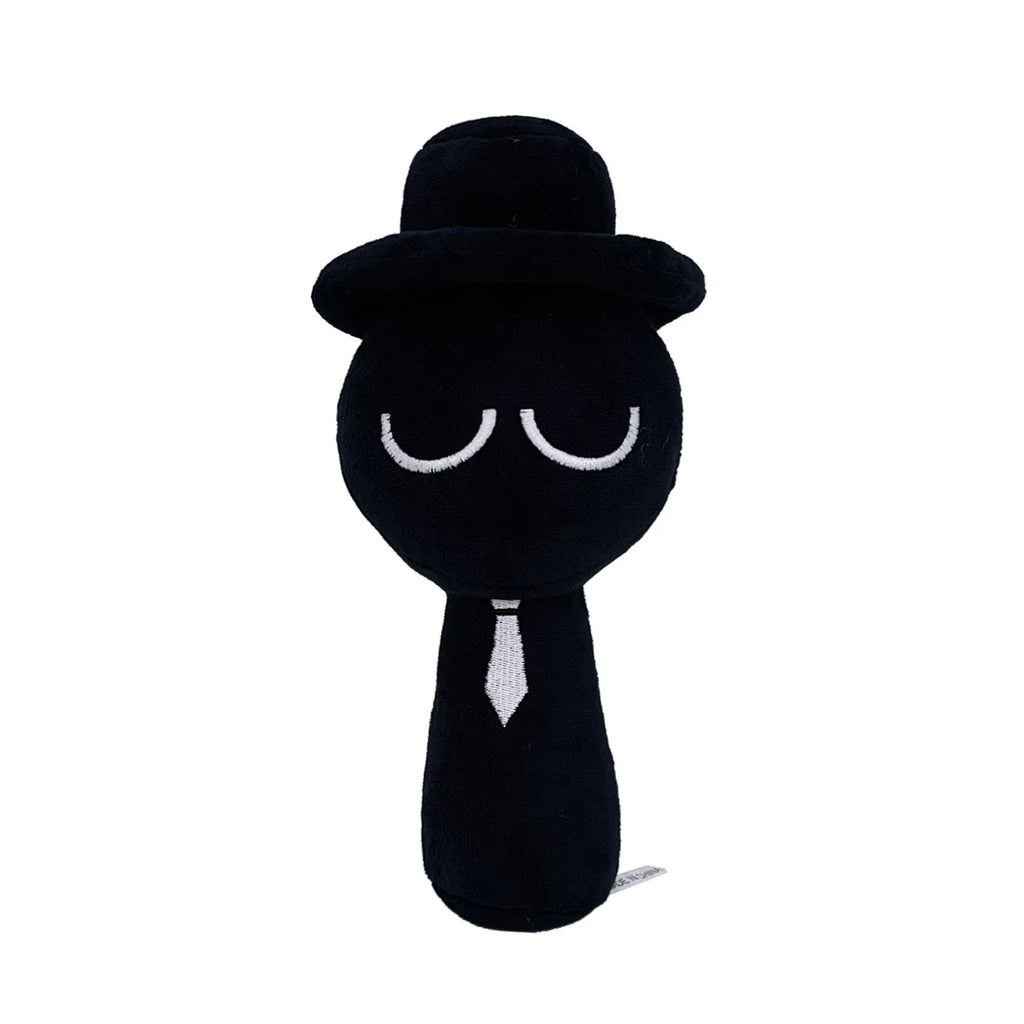 Black plush cartoon character doll with hat and smile, soft stuffed toy