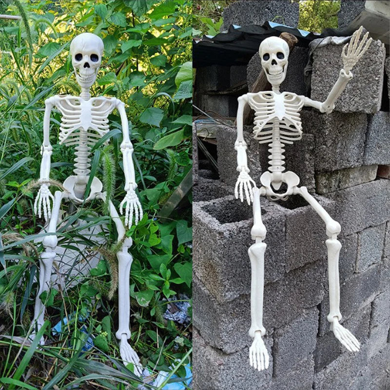 White humanoid skeleton yard decoration figure with arms raised, standing on legs