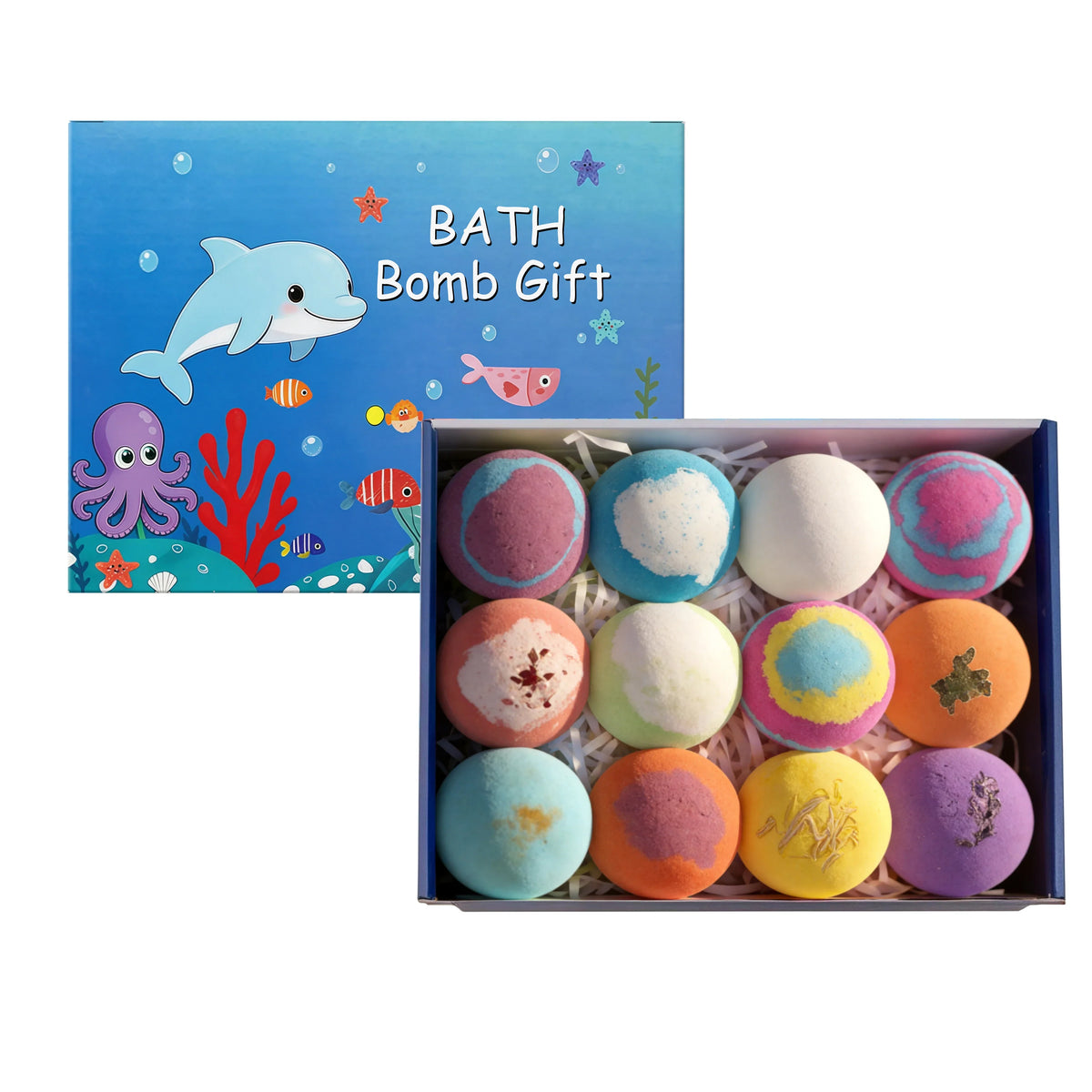 Bath bomb gift box opened to show assorted round bath bombs inside