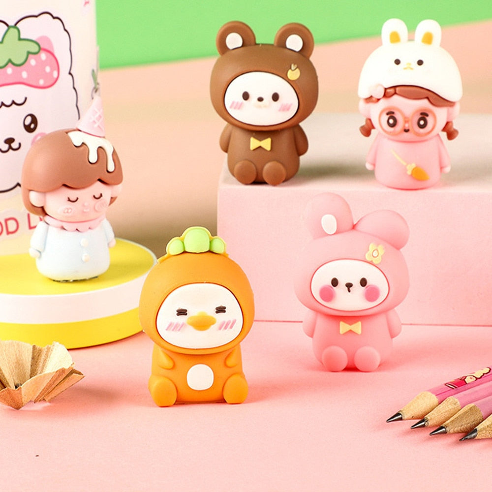Multiple animal pencil sharpeners: bear, carrot, pink bunny, and chef-style bunny.