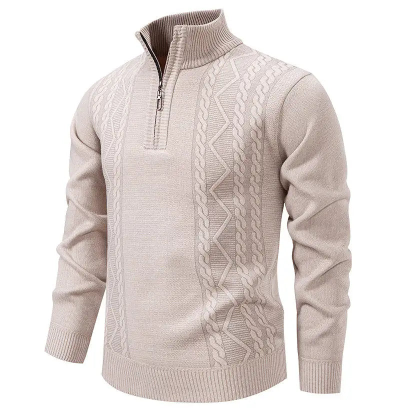 Men's knit half-zip pullover sweater in beige, stand collar and cable-knit panel