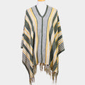 Striped fringe poncho sweater with V-neck, green and yellow, striped knit.