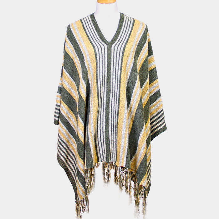 Striped fringe poncho sweater with V-neck, green and yellow, striped knit.