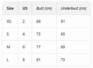Size chart table: US sizes with bust (cm) and underbust (cm) measurements