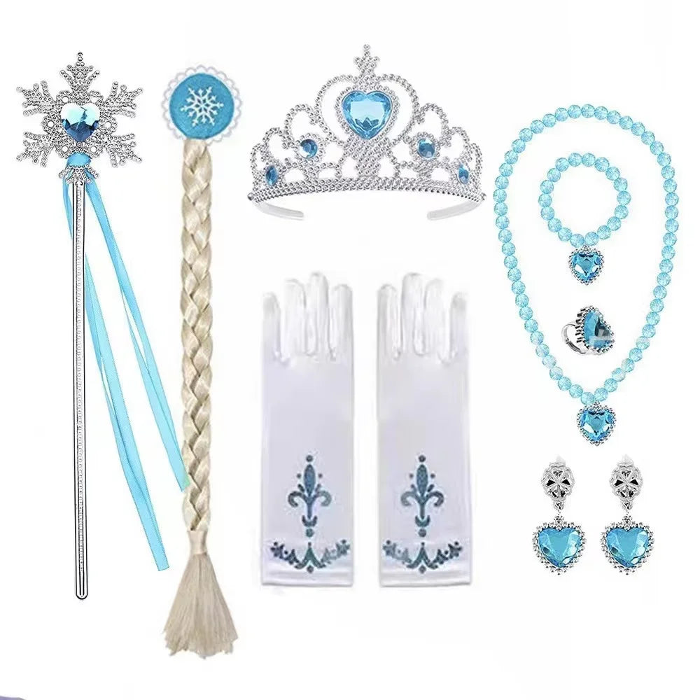 Blue jeweled crown, necklace, wand, gloves, and braided headpiece accessory set
