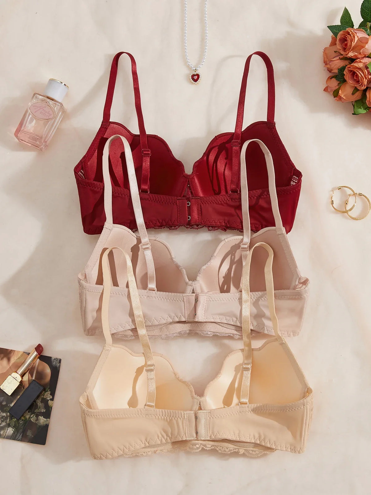 Women's 3-piece bra set with floral lace and bow straps, dark red and white